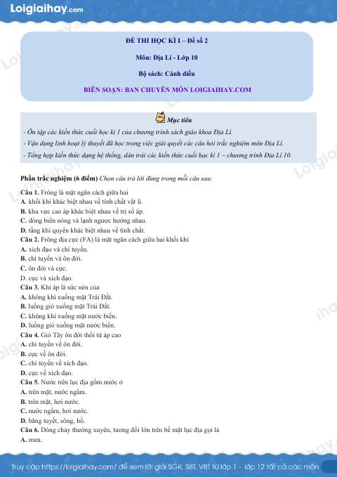 Đề thi học kì 1 Địa lí 10 Cánh diều - Đề số 2